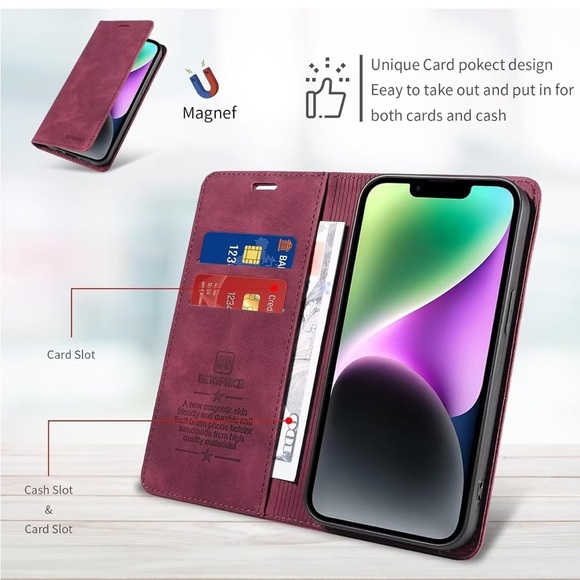 5for$10 Burgundy iPhone 15 Plus Leather Phone Case Card Holder Magnetic Case NWT - Picture 4 of 10